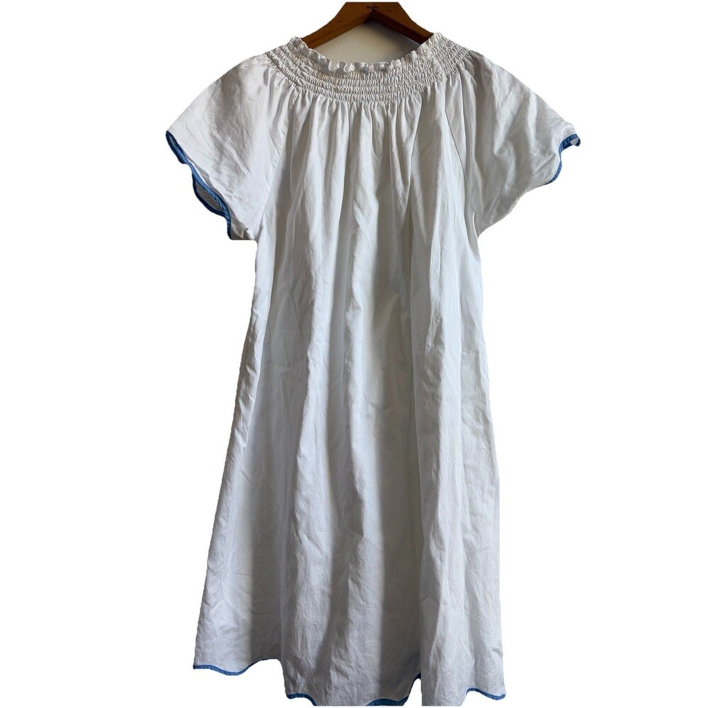 LAKE Pajamas Patio Dress Small White Royal Blue Scalloped Trim 100% Cotton Lined - Picture 2 of 8